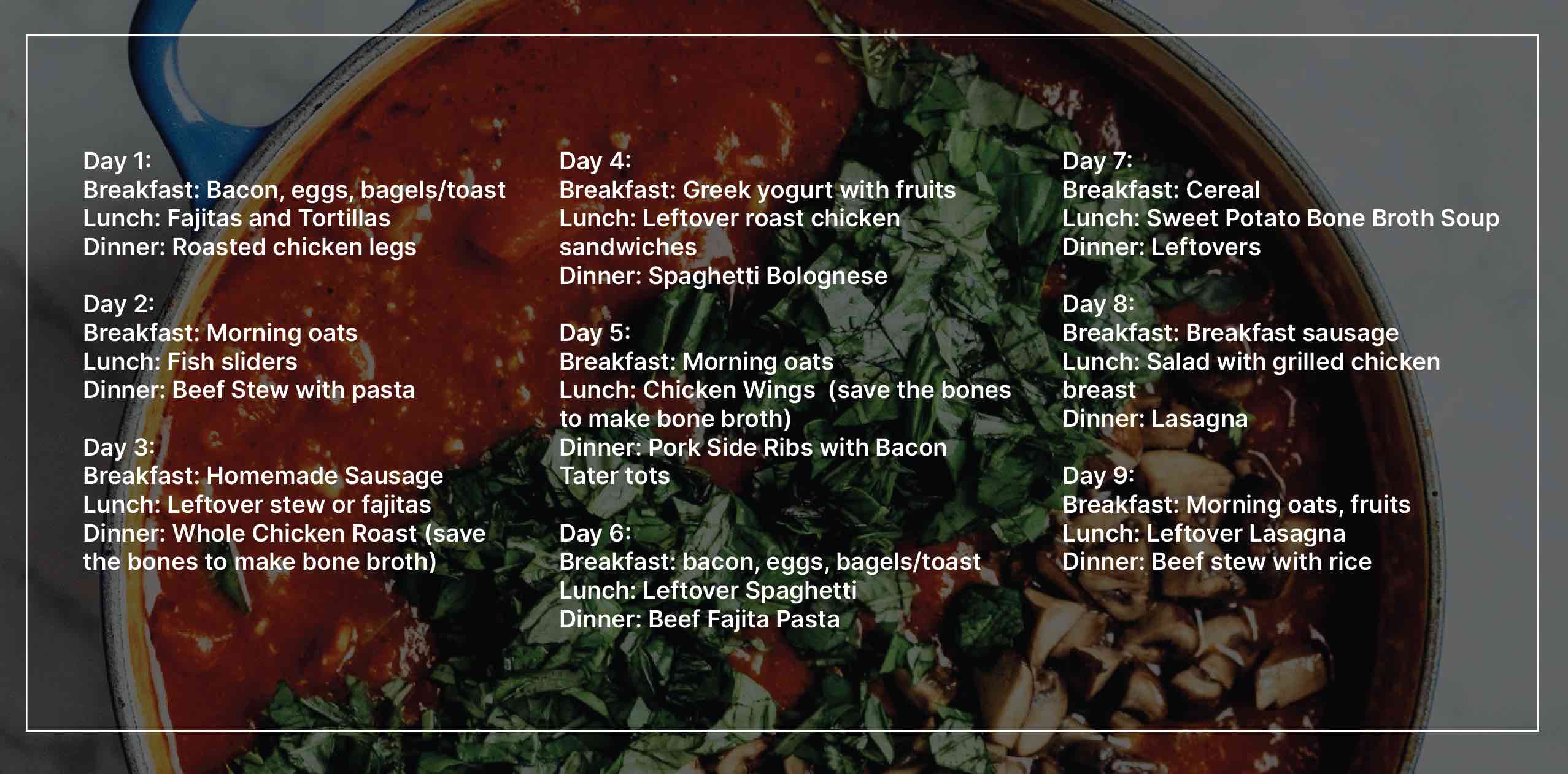 A stew simmering in a pot with an overlay. The text depicts the 9 Day Meal Plan below.