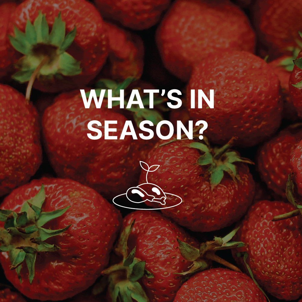"What's in season" written in white text over an image of strawberries.