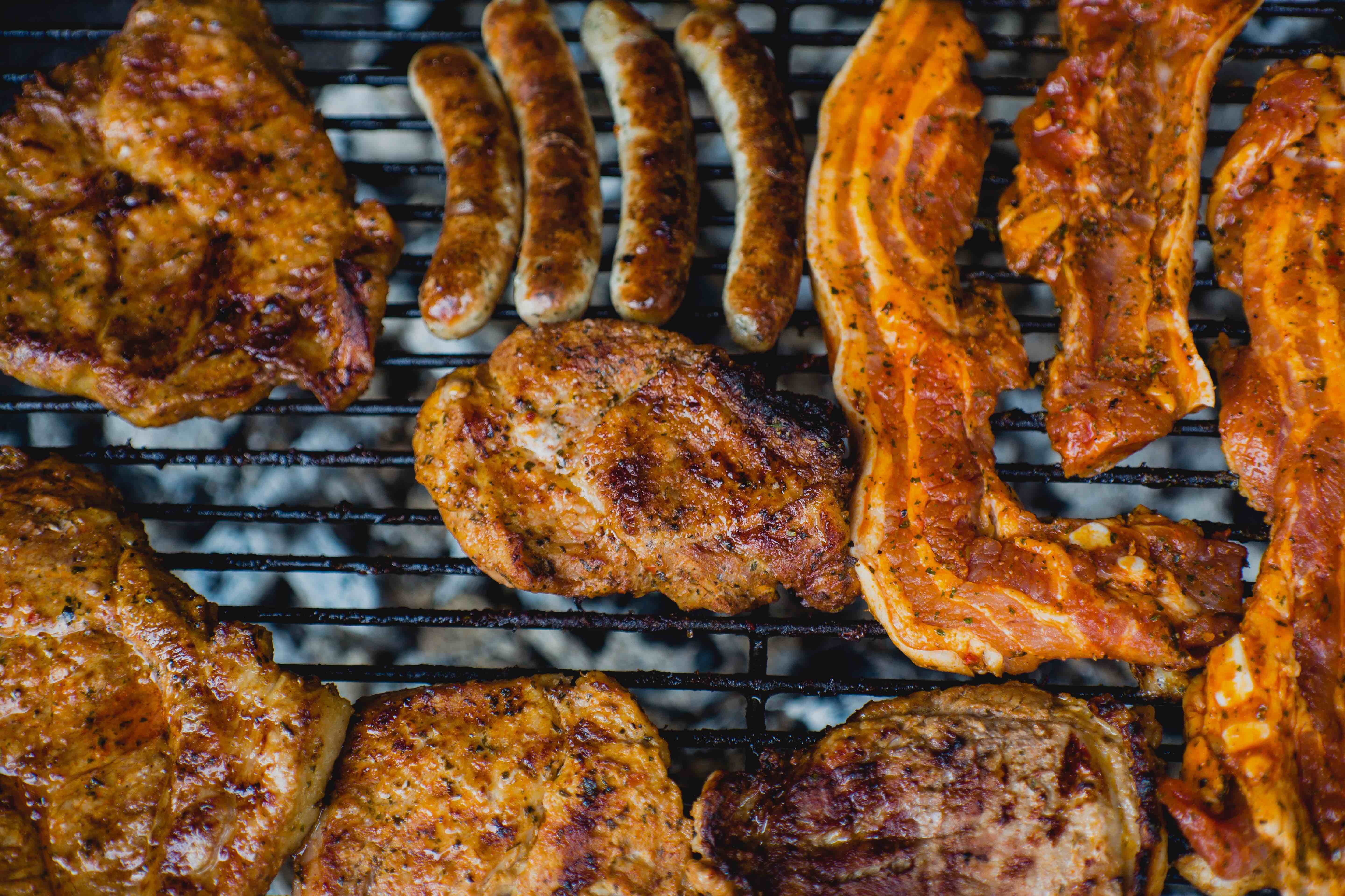 A variety of delicious, tender meat on the grill.