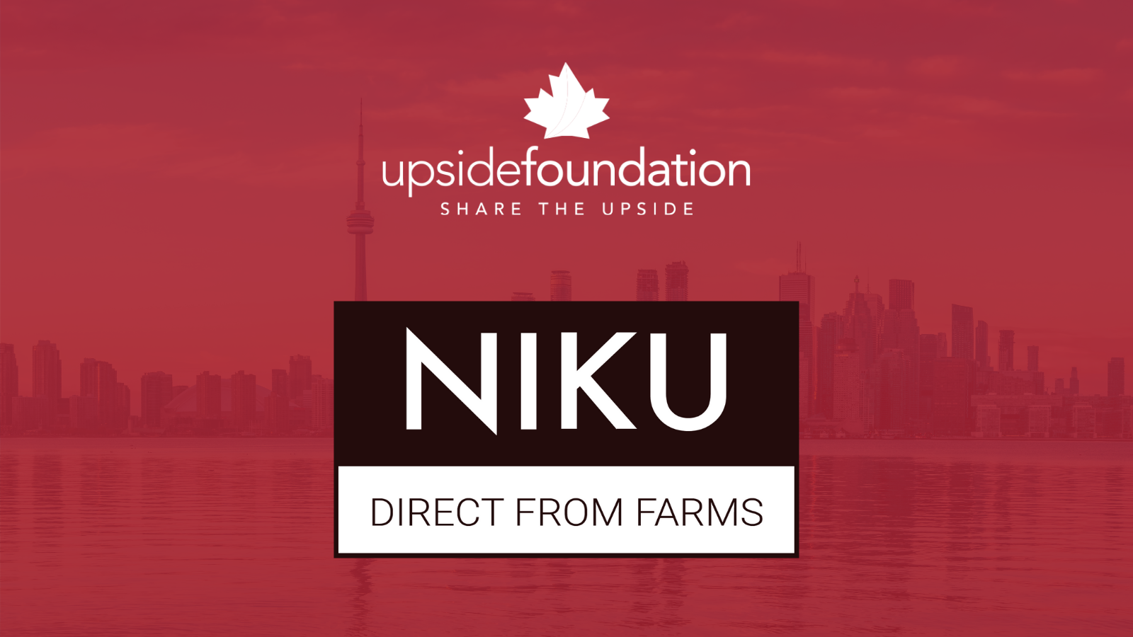 The NIKU Farms logo and Upside Foundation logo on a faded image of the Toronto skyline.