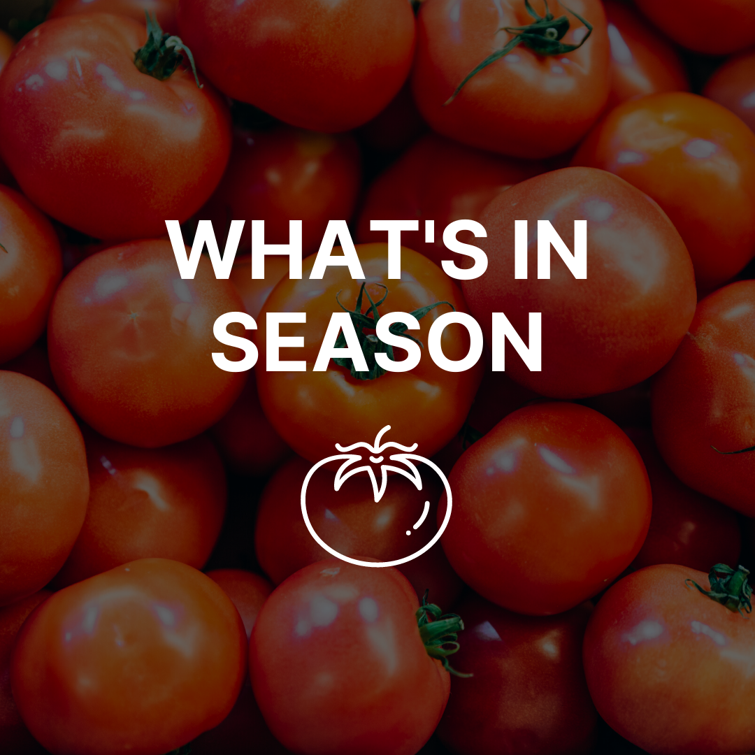 Seasonal produce with the phrase 'What's in Season' over the fresh tomatoes.