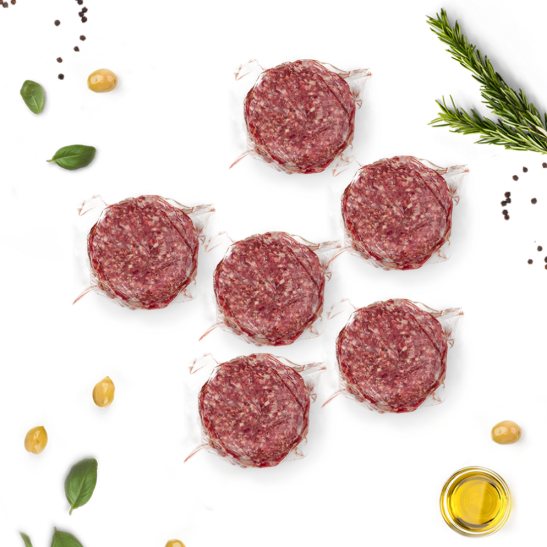 Grass fed beef burger patties.