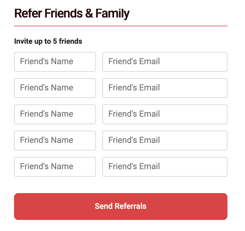 An example of the Refer Friends and Family program, to invite five friends to sign up for NIKU Farms.